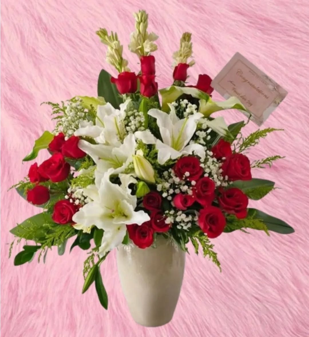 Vas Lily Putih & Mawar Merah - Table Flower Khanaya Florist Medan